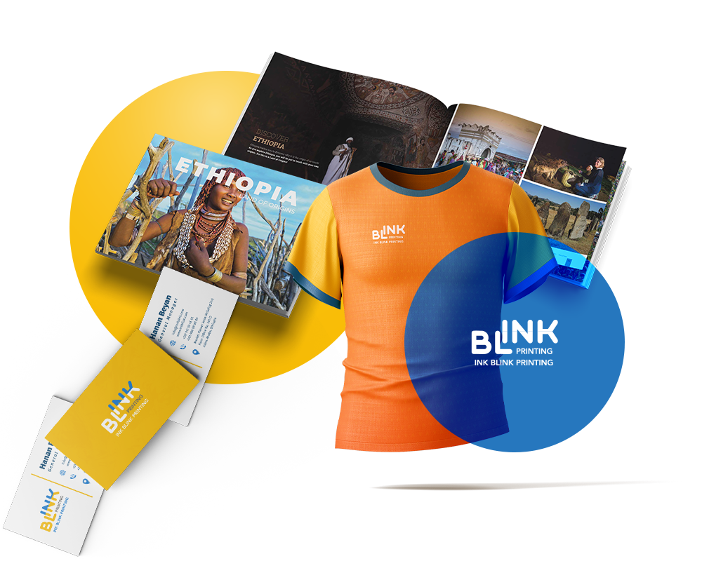 Ink Blink Printing services showcase - magazines, business cards, branded apparel, and promotional materials